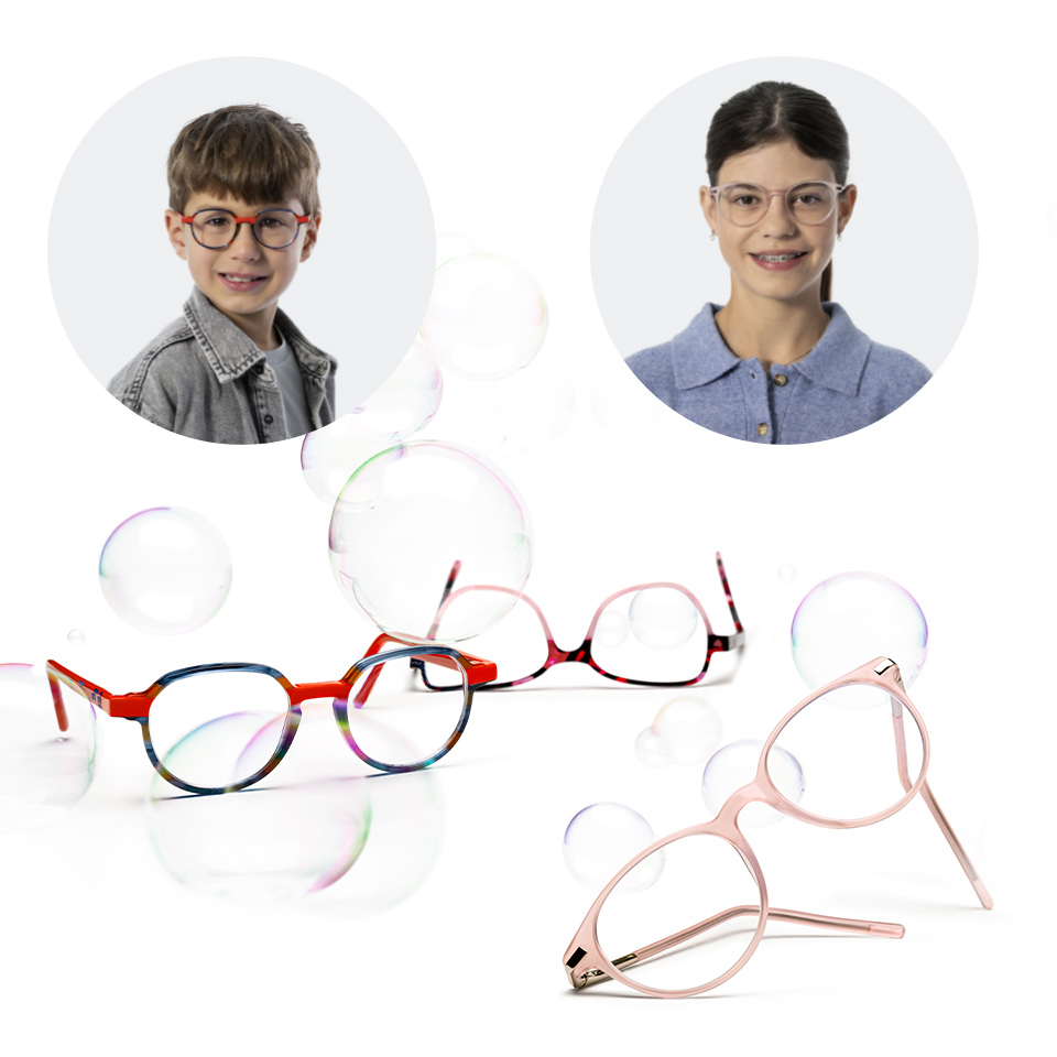 En bild på en ung pojke med glasögon, och bredvid den en annan bild av en äldre flicka som också bär glasögon. Under de båda bilderna visas olika glasögonbågar och glas.