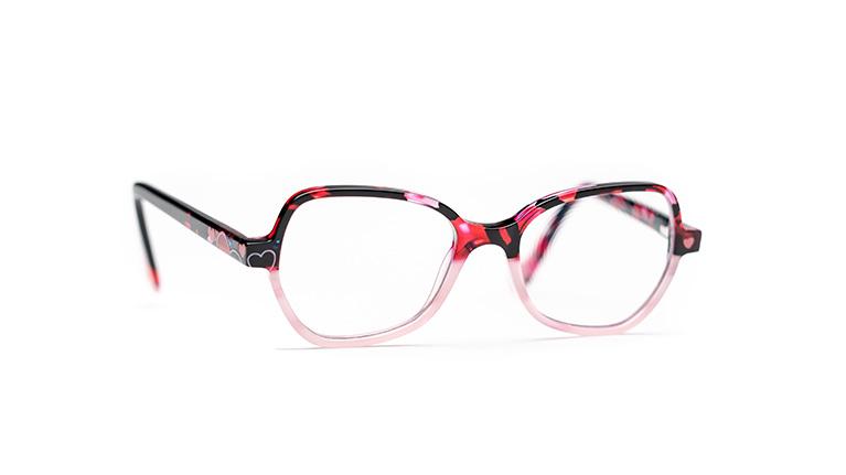 Glasögonglas för barn med bågar i svart, rött och ljusrosa med hjärtan.