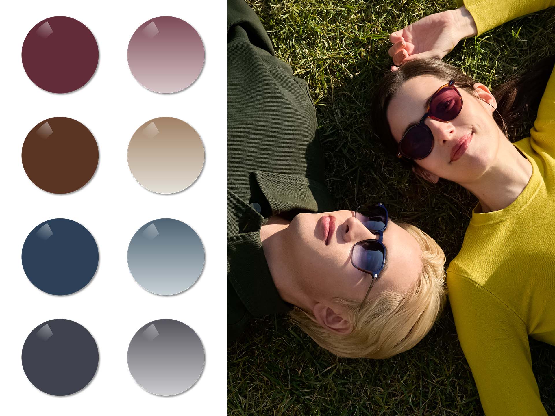 En man, som bär ZEISS Sun Rx-glas i nyansen Midnight Blue, och en kvinna, som bär ZEISS solglasögonglas i Solid Burgundy, ligger på gräs. Därefter visualiseras färgerna Copper Brown, Burgundy and Midnight Blue och Dusk Grey i Solid och gradal toning.