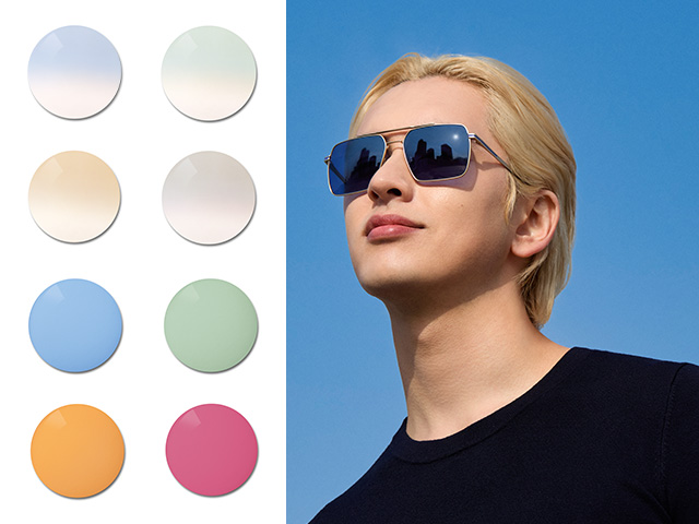 En ung man som bär ZEISS Sun Rx-glas i en solid blå nyans. Därefter visualiseras färgpaletten med speciella nyanser, som sträcker sig från gradala pastellnyanser till kraftfulla och färgstarka solida nyanser.