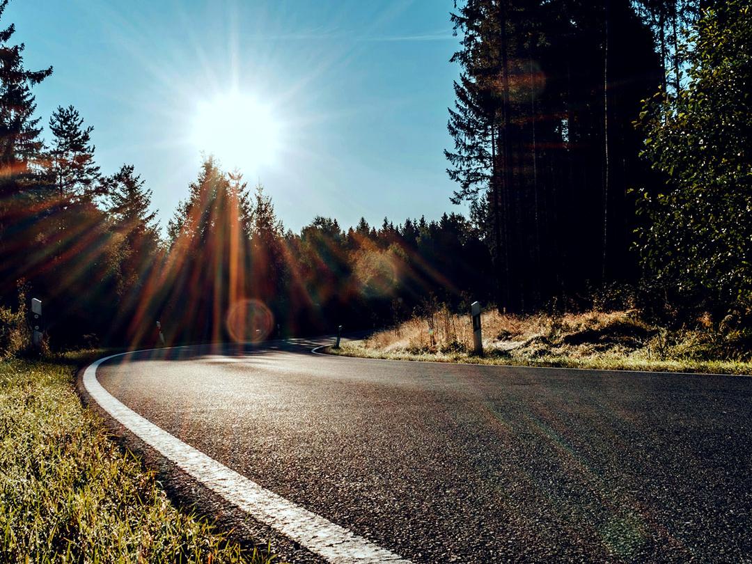 En bild där ena hälften visar en väg i skogen med starkt solljus, och den andra hälften visar samma väg med mindre bländning och ökad kontrast, som framhäver effekten av polariserande solglasögonglas.