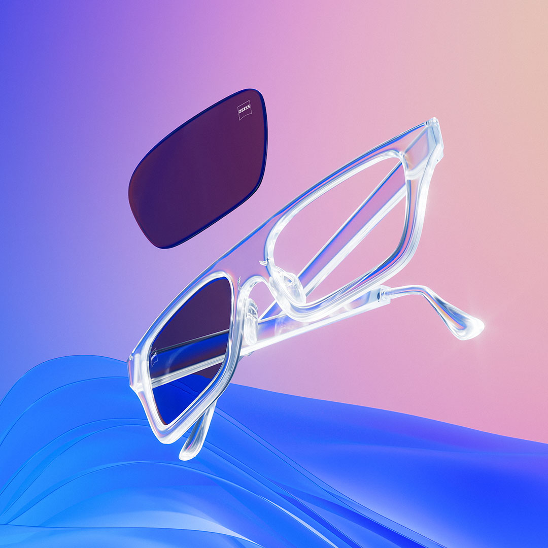 3D CGI-illustration av en klar glasögonbåge med färgade glas.