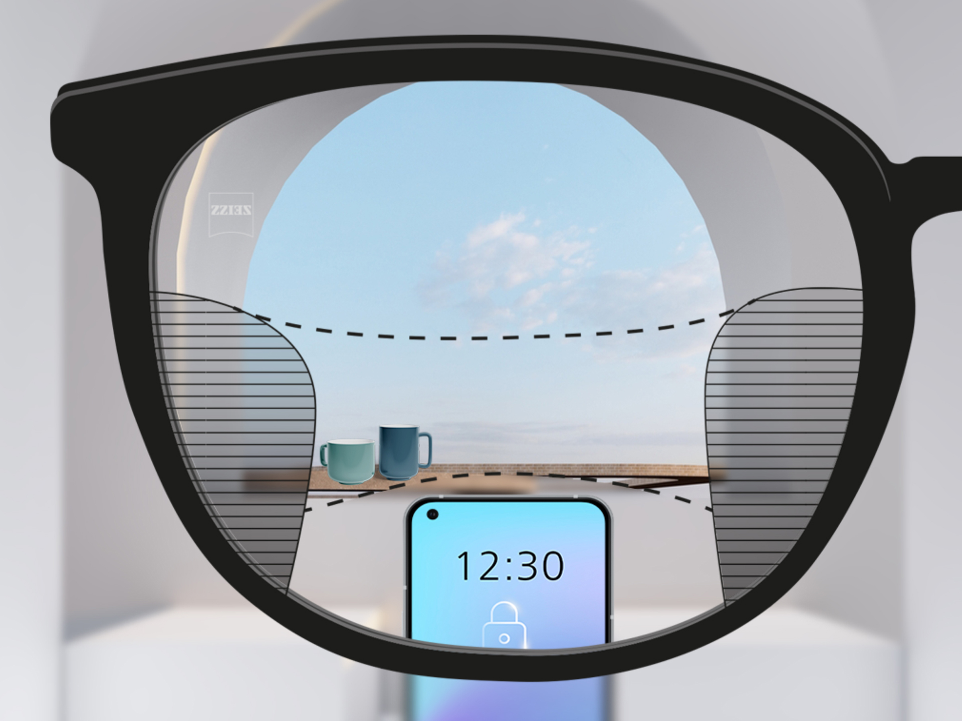 En perspektivbild genom ett ZEISS Progressive SmartLife-glas: de suddiga zonerna till vänster och höger i glaset är små och möjliggör stora zoner med klart seende.