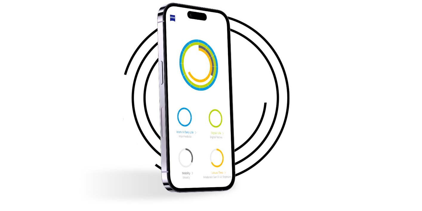 En smartphone framför svarta ringar som visar synprofilen för en Min synprofil-användare med ringar i olika färg.