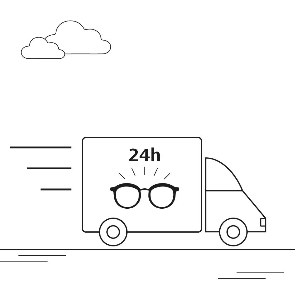 En illustration av en lastbil som levererar glasögonglas.