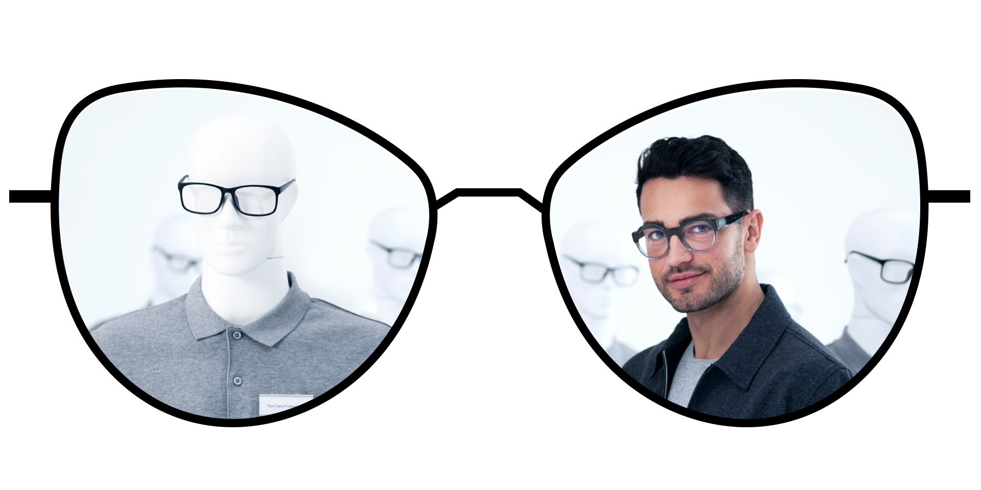 Bild av ett par glasögon som visar de suddiga zonerna i standardglas jämfört med de större klara zonerna i ZEISS ClearView enstyrkeglas.