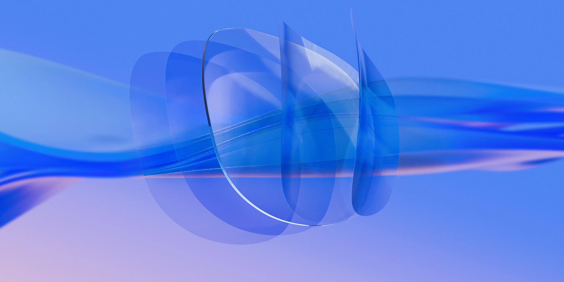 3D CGI-visning av ett klart glasögonglas från ZEISS där flera ultratunna lager ytbehandling appliceras på glasets bakre och främre yta.