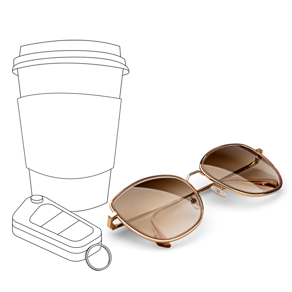 En tecknad bild av en kaffemugg och bilnycklar bredvid ett foto av ZEISS solglas med brun gradalfärg.