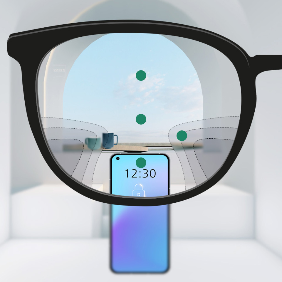 En illustrativ detaljbild av glasögonglas med hybriddesign som visar ett brett synfält vid nära-, medel- och långt avstånd och jämna övergångar mellan de suddiga zonerna.