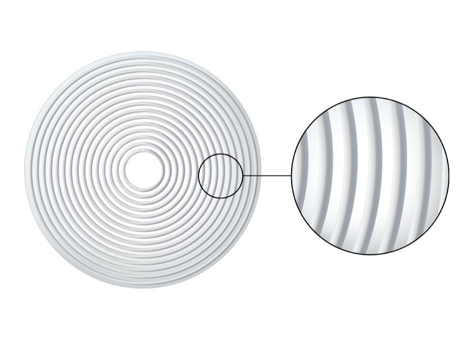 Illustration av ett ZEISS MyoCare-glas med C.A.R.E.-element som skapar defokus-zoner för att bromsa utvecklingen av myopi.