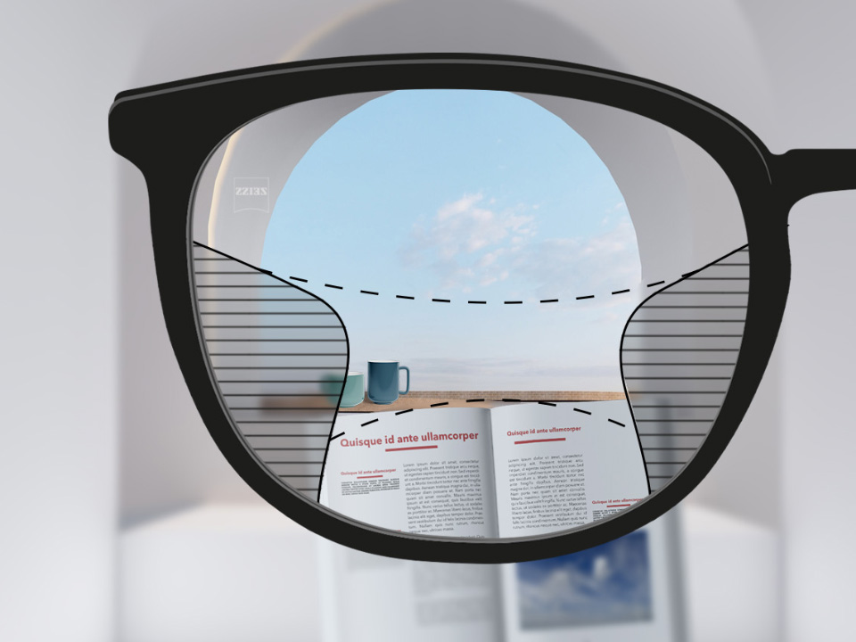 Schematisk perspektivbild genom ett ZEISS Progressive Light 2-glas som visar medelbreda synfält på nära håll (bok) och långt avstånd (himlen), samt jämna övergångar mellan de suddiga zonerna.