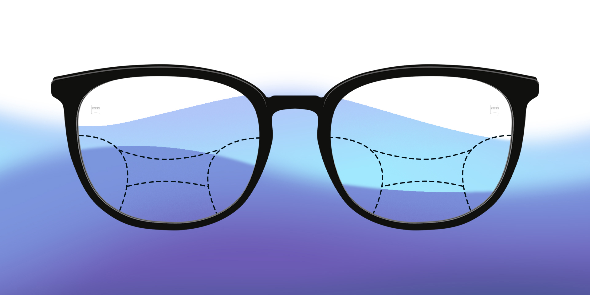 En bild av ett par progressiva glasögon mot en färgad bakgrund.
