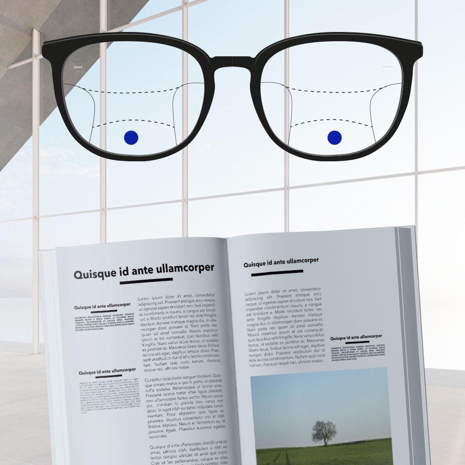 En båge med progressiva glas och schematiska linjer som indikerar olika synzoner. Olika delar av glaset är markerade: nära – den nedre delen av glasögonen.
