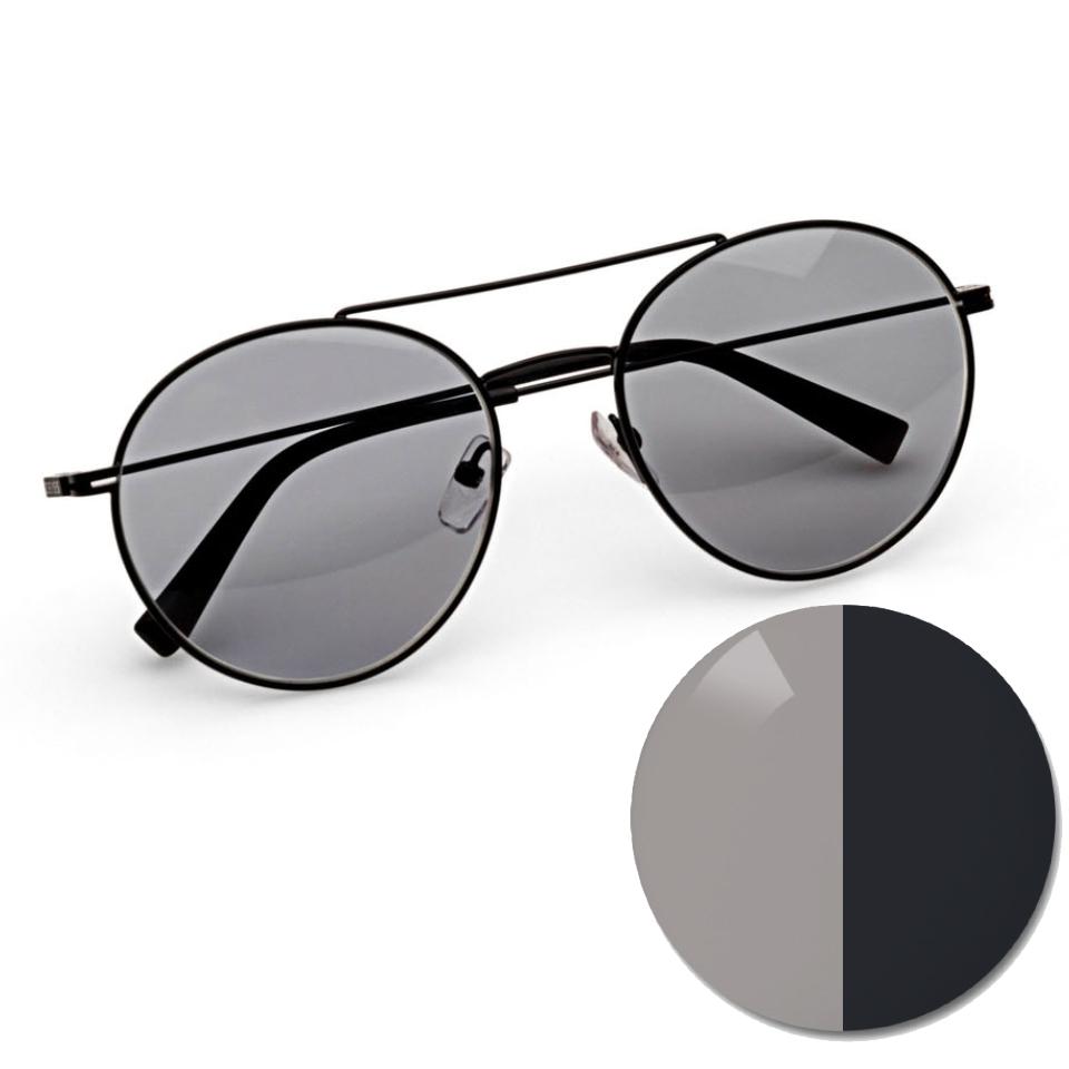 Glasögon med ZEISS AdaptiveSun i grå helfärg, och en bild på glaset ljus och mörk nyans