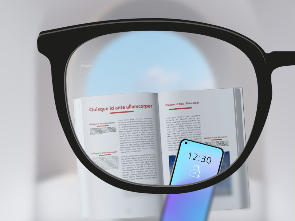 En perspektivbild med ZEISS Single Vision SmartLife-glas med en smartphone och en bok, där glaset är helt klart.