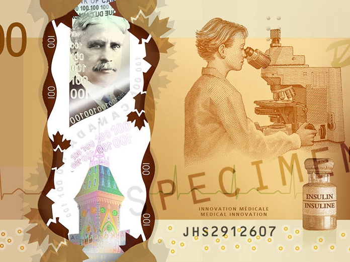 Närbild på den kanadensiska hundradollarsedeln som bland annat visar ett ZEISS-mikroskop.