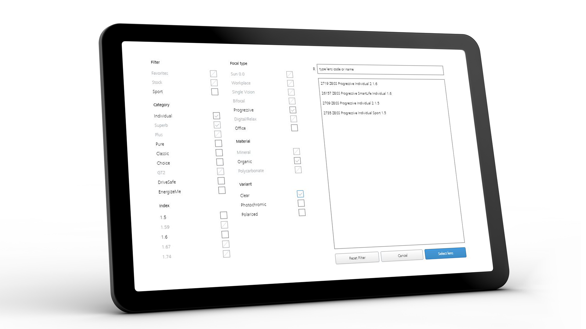 Skärm på surfplatta som visar ZEISS VISUSTORE-gränssnittet för flera inmatningshjälpmedel 