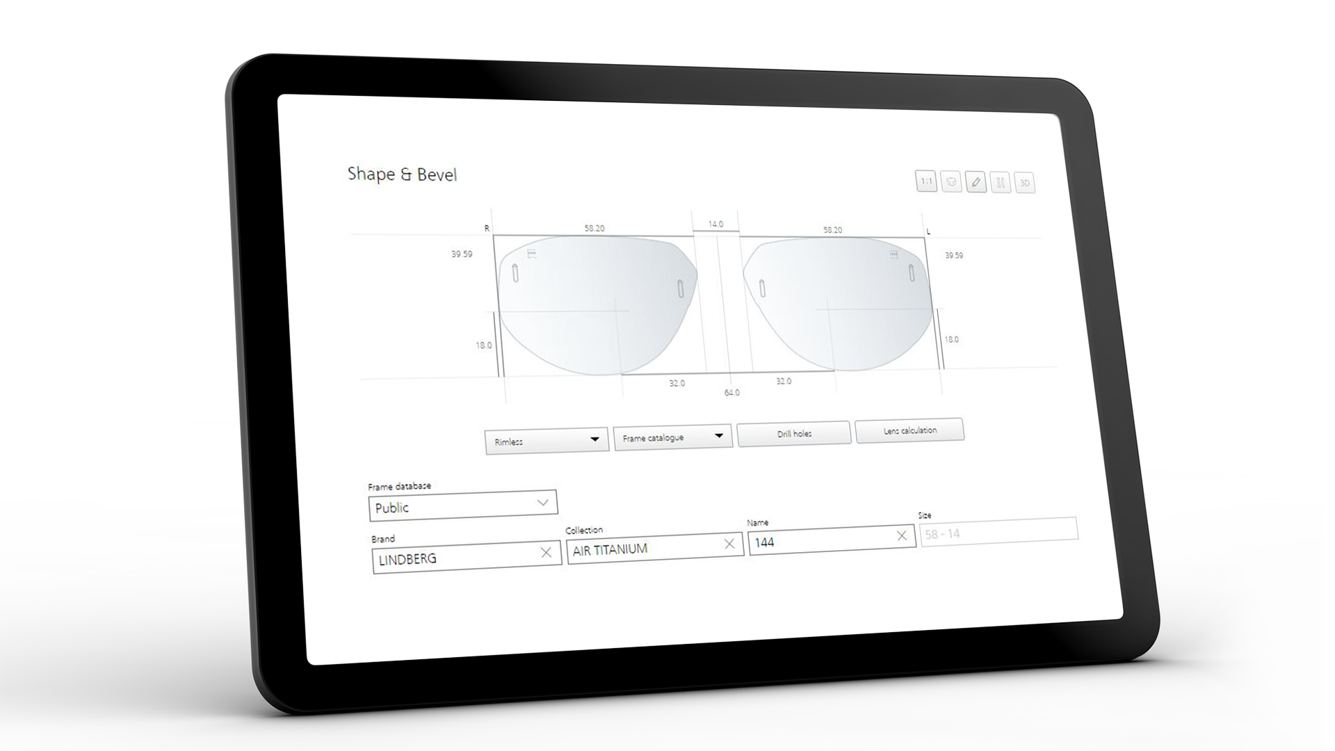 Skärm på surfplatta som visar ZEISS VISUSTORE-gränssnittet för form och slipning 