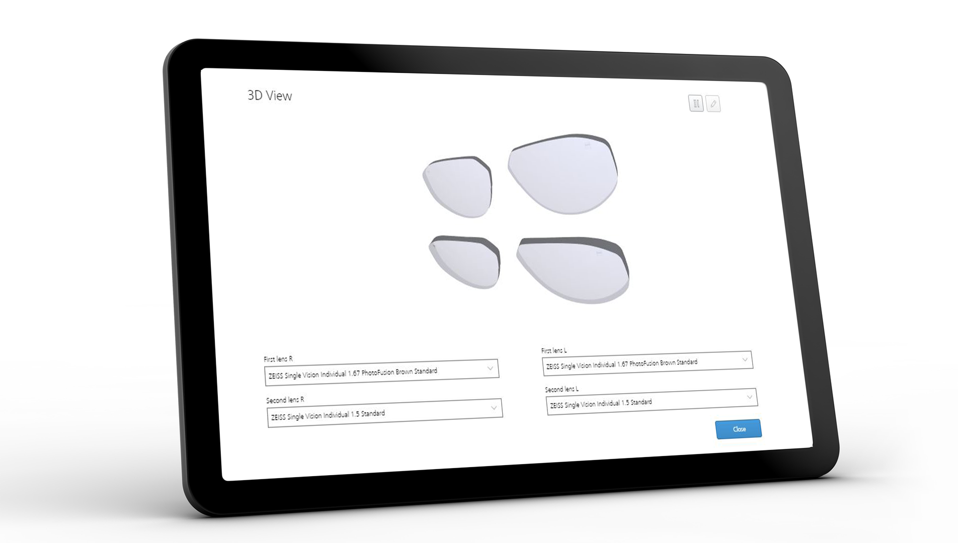Skärm på surfplatta som visar ZEISS VISUSTORE-gränssnittet för 3D-visning 