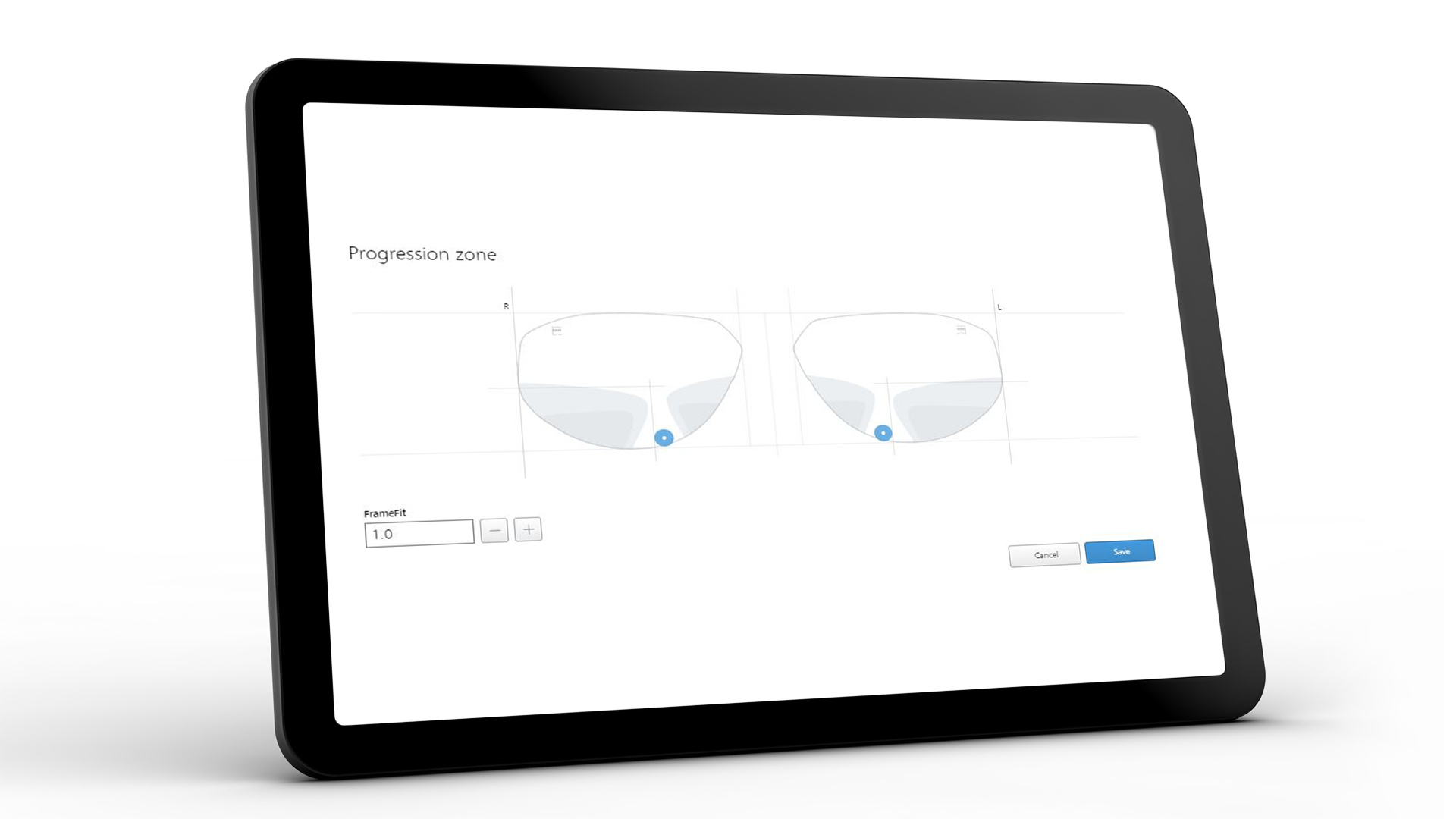 Skärm på surfplatta som visar ZEISS VISUSTORE-gränssnittet för progressionszon 