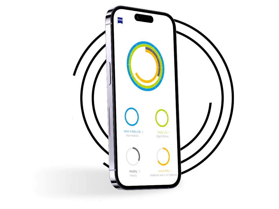 En smartphone framför svarta ringar som visar synprofilen för en Min synprofil-användare med ringar i olika färg. 