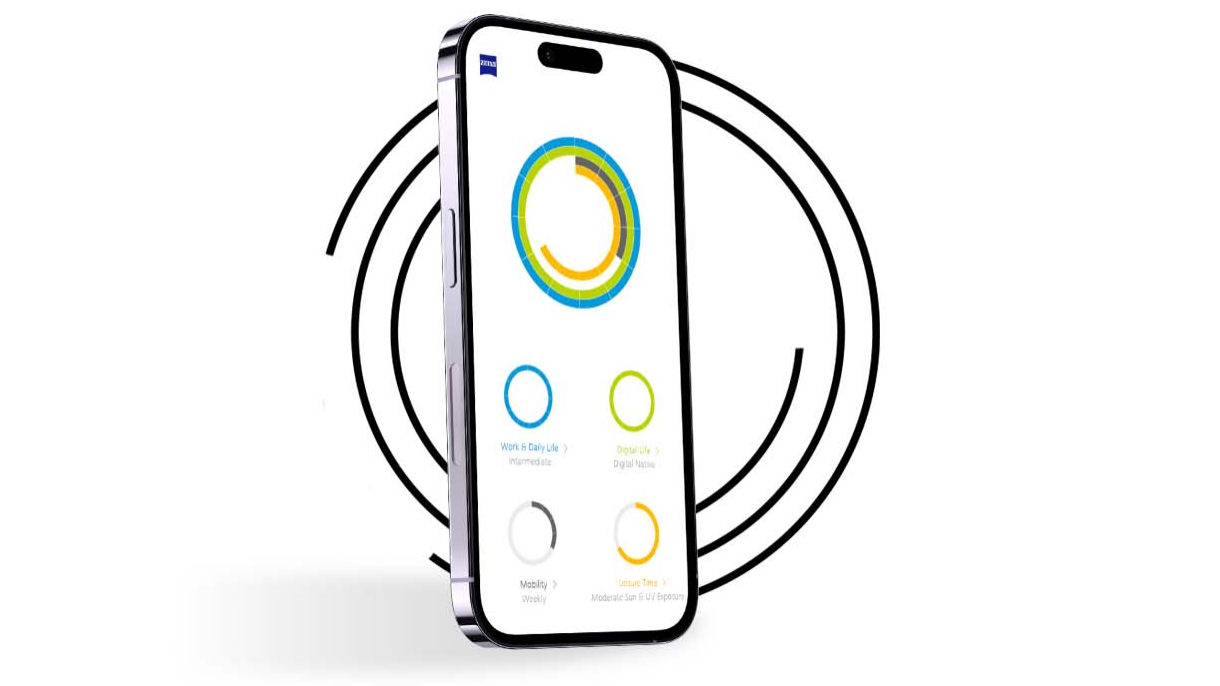 En smartphone framför svarta ringar som visar synprofilen för en Min synprofil-användare med ringar i olika färg. 