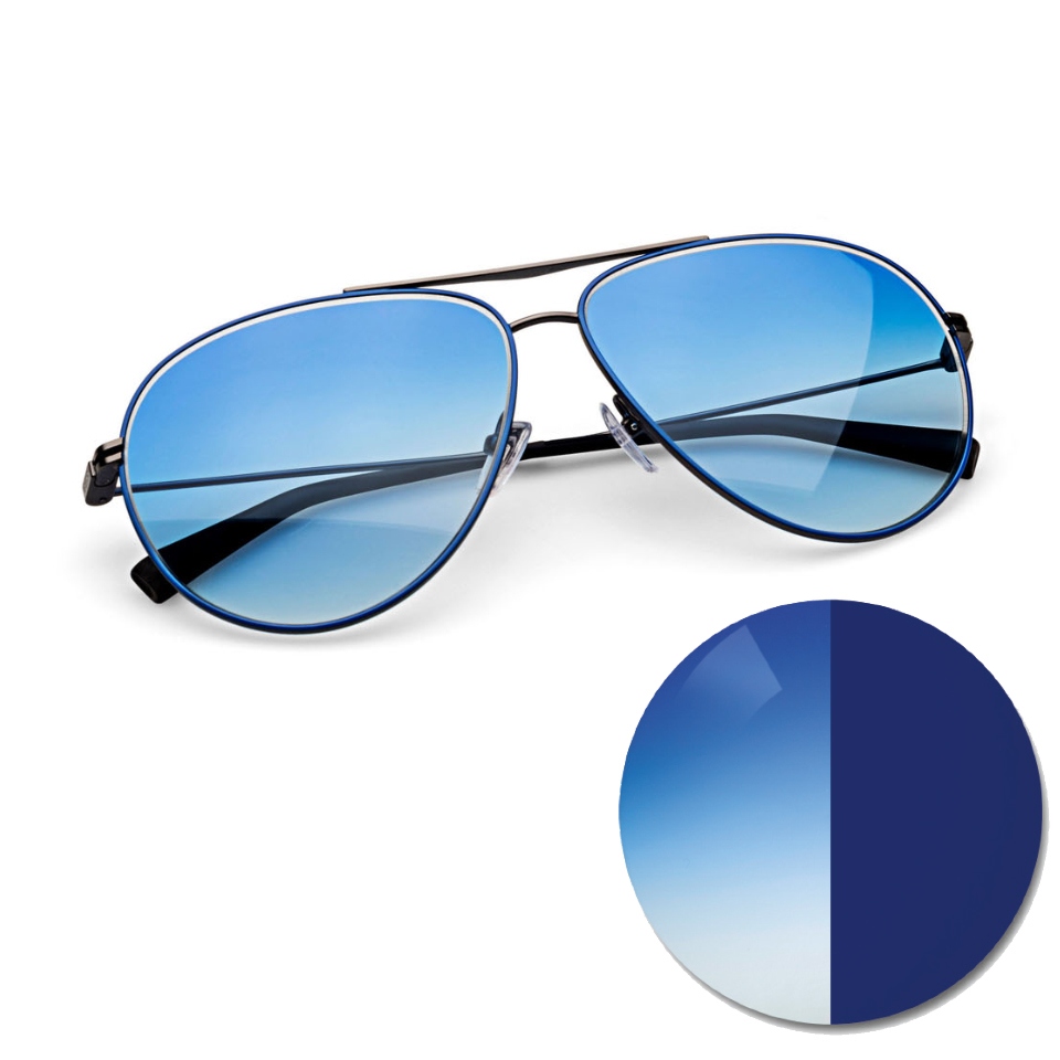 Glasögon med ZEISS AdaptiveSun i blå gradalfärg, och en bild på glaset ljus och mörk nyans