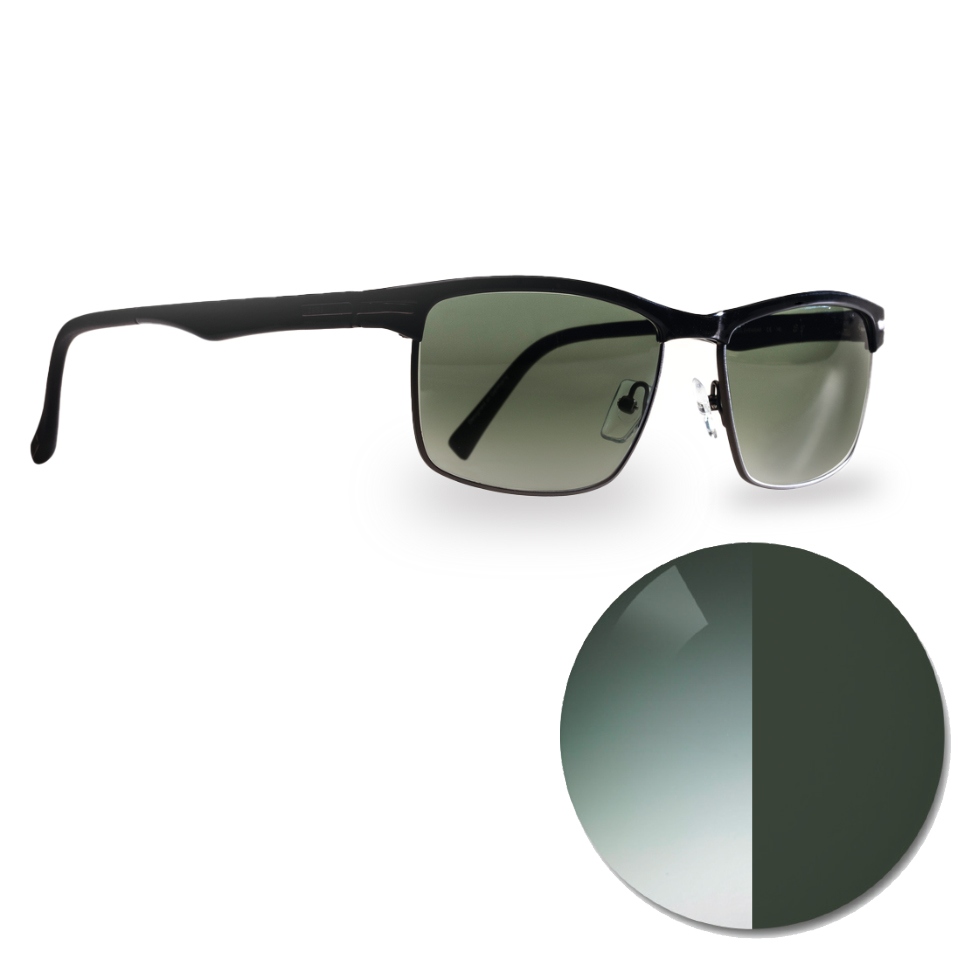 Glasögon med ZEISS AdaptiveSun i grågrön gradalfärg, och en bild på glaset ljus och mörk nyans