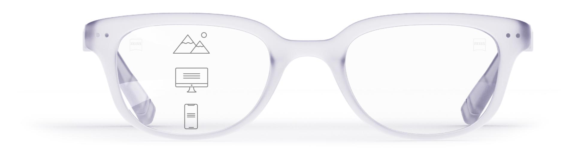ZEISS Progressive SmartLife-glas i en elegant transparent båge, med ikoner som indikerar de olika synzonerna – nära, mellan och avstånd