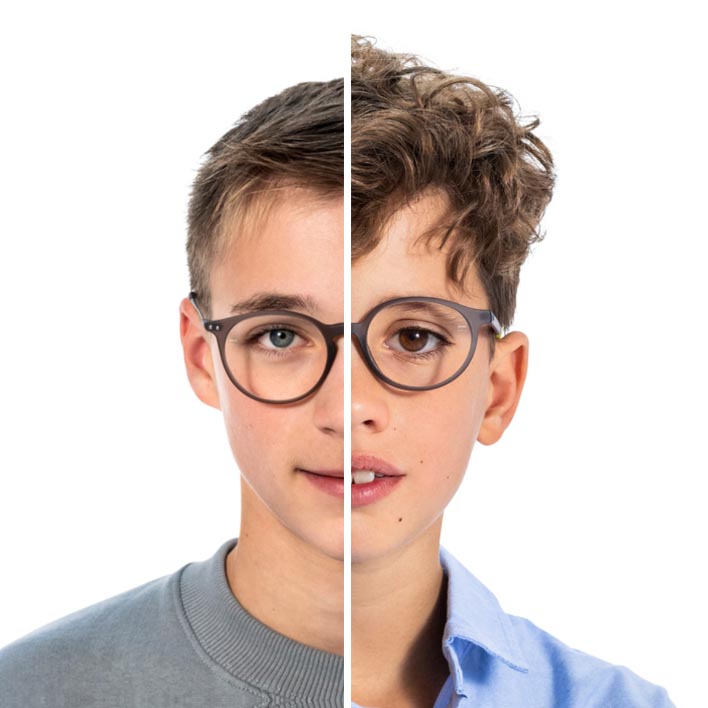Ena halvan av en tonårspojkes ansikte bredvid den andra halvan av en yngre pojkes ansikte. Bilden växlar till den yngre pojkens hela porträtt, där en skanning av ansiktet och bågen visas